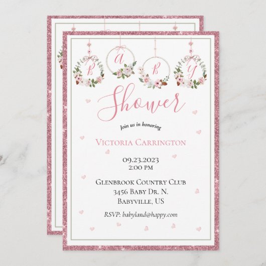 ピンクグリッターフローラ水彩ハートベビーシャワー 招待状 (正面/裏面)