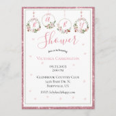 ピンクグリッターフローラ水彩ハートベビーシャワー 招待状 (正面)