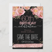 ピンクグリッターフローラ60誕生日日付を保存I 招待状 (正面)