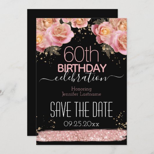 ピンクグリッターフローラ60誕生日日付を保存I 招待状 (正面/裏面)