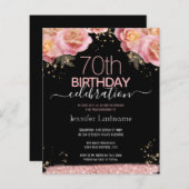 ピンクグリッターフローラ70番目の誕生日招待状 (正面/裏面)