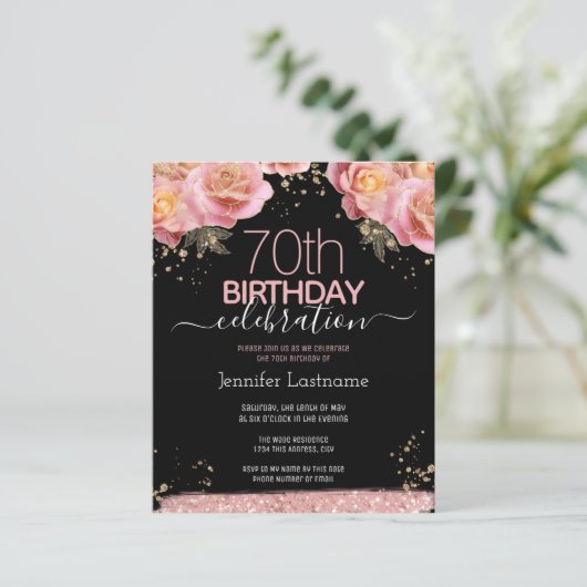 ピンクグリッターフローラ70番目の誕生日招待状 (スタンド正面)