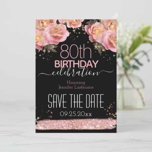 ピンクグリッターフローラ80誕生日日付Iを保存 招待状 (スタンド正面)