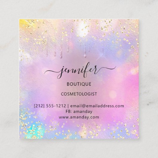 ピンクグリッターブティックショップドリップピンクホログラフ スクエア名刺 (裏面)