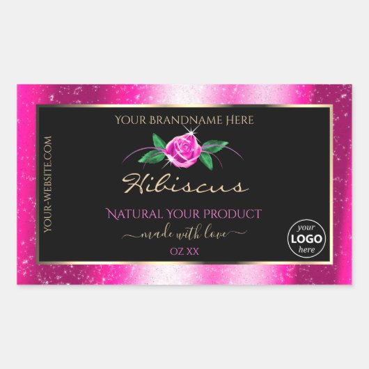 ピンクグリッターブラック製品ラベルフローラバラロゴ 長方形シール (正面)