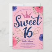 ピンクグリッタープリンセスクラウンスウィート16誕生日 招待状 (正面)