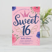 ピンクグリッタープリンセスクラウンスウィート16誕生日 招待状 (スタンド正面)