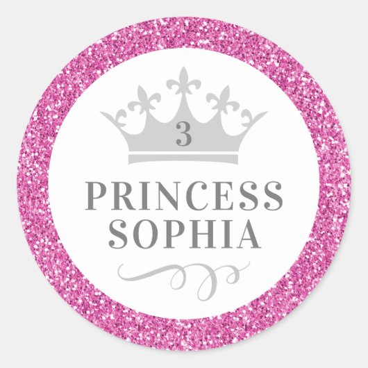 ピンクグリッタープリンセス誕生日お気に入りステッカーラベル ラウンドシール (正面)