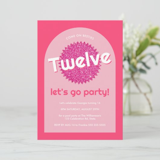 ピンクグリッタープールサイドエージホットピ10代のンク招待状 招待状 (スタンド正面)