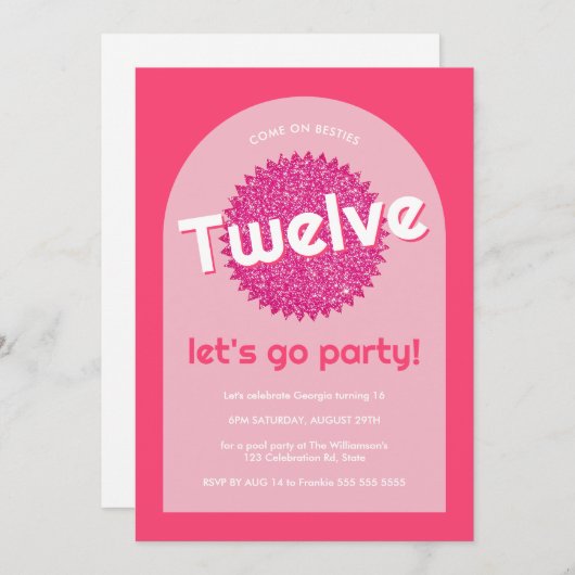 ピンクグリッタープールサイドエージホットピ10代のンク招待状 招待状 (正面/裏面)