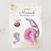 *~*ピンクグリッターヘアマーメイド誕生日パーティー 招待状 (正面/裏面)