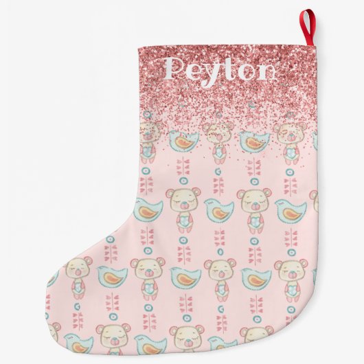 ピンクグリッターベビーガール名スパークルモダン ラージクリスマスストッキング (裏面)