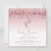 ピンクグリッターベビーシャワー招待状とベビー足 招待状 (正面)