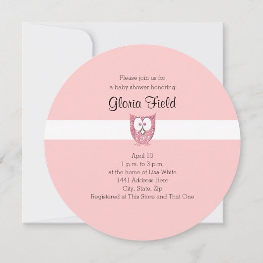 ピンクグリッターベビーフクロウ丸シャワー招待状 招待状 (裏面)