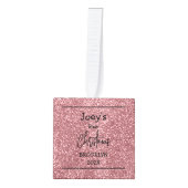 ピンクグリッターベビー初めてのクリスマス3枚の写真 キューブオーナメント (正面)