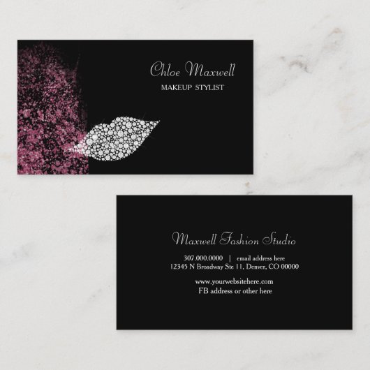 ピンクグリッターホワイトダイヤモンドリップメイクアップアーティスト 名刺 (正面/裏面)