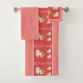 ピンクグリッターポニーズウィズネーム小さな女の子バスルーム バスタオルセット