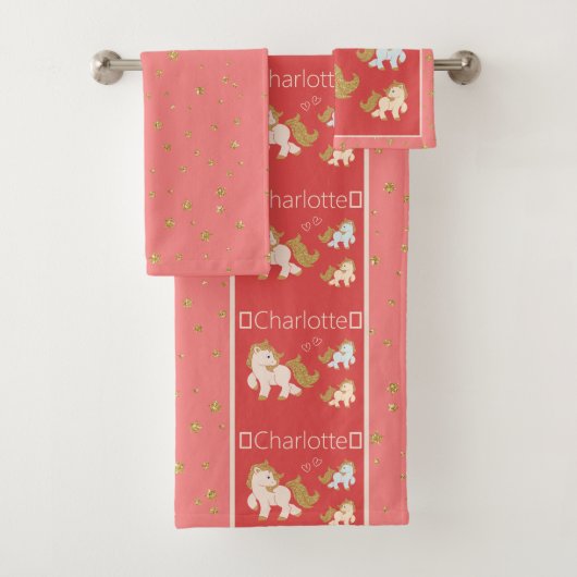 ピンクグリッターポニーズウィズネーム小さな女の子バスルーム バスタオルセット (インサイチュ)