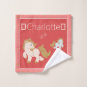 ピンクグリッターポニーズウィズネーム小さな女の子バスルーム バスタオルセット (ウォッシュタオル)