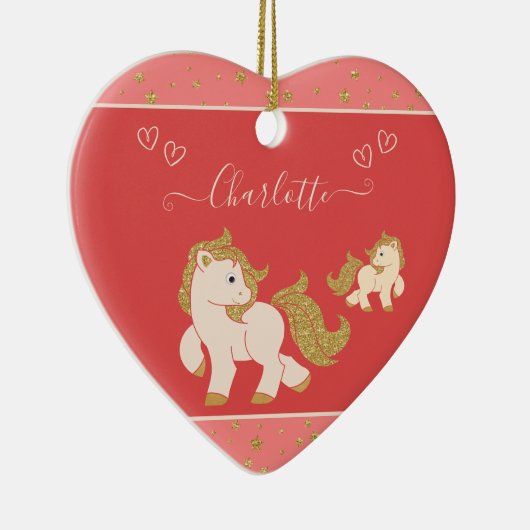 ピンクグリッターポニーwネーム小さな女の子クリスマス セラミックオーナメント (右)