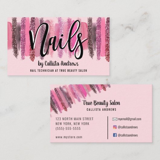 ピンクグリッターポーランドブラシストロークネイリストB 名刺 (正面/裏面)