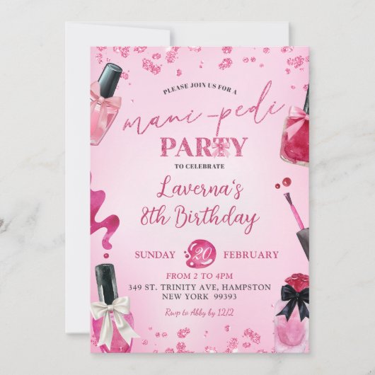 ピンクグリッターマニペディバースデーパーティー 招待状 (正面)