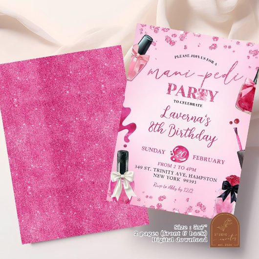 ピンクグリッターマニペディバースデーパーティー 招待状