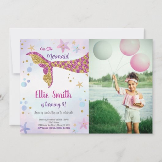 ピンクグリッターマーメイド誕生日招待状 招待状 (正面)