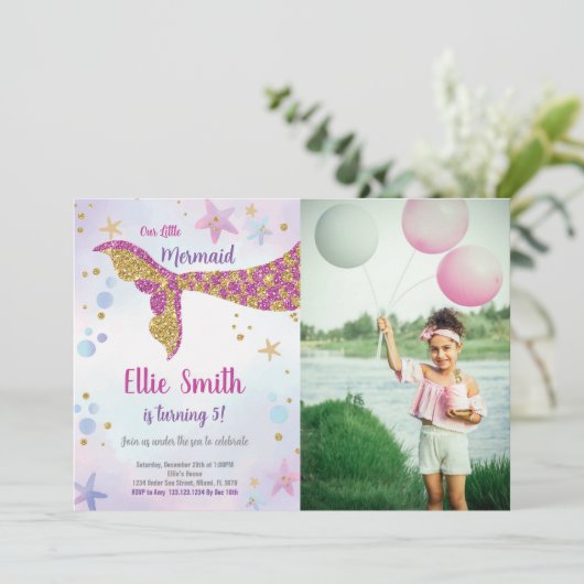 ピンクグリッターマーメイド誕生日招待状 招待状 (スタンド正面)