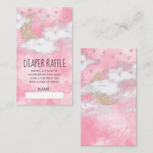 ピンクグリッタームーンスターおむつラッフルベビーシャワー エンクロージャーカード (正面/裏面)
