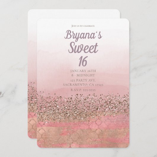 ピンクグリッターモロッコインディアンプリンセススウィート16 招待状 (正面/裏面)
