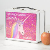 ピンクグリッターユニコーンスパガーリーークパーソナライズされたル メタルランチボックス (インサイチュ)