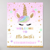 ピンクグリッターユニコーン誕生日パーティーウェルカムサイン ポスター (正面)