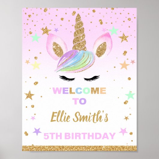 ピンクグリッターユニコーン誕生日パーティーウェルカムサイン ポスター (正面)
