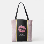 ピンクグリッターリップ&バラ金ゴールドトロピカル葉 トートバッグ (裏面)