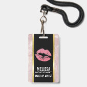 ピンクグリッターリップ&バラ金ゴールドトロピカル葉 バッジ (Front with Lanyard)