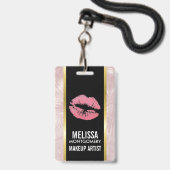 ピンクグリッターリップ&バラ金ゴールドトロピカル葉 バッジ (Back with Lanyard)