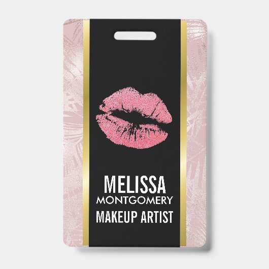 ピンクグリッターリップ&バラ金ゴールドトロピカル葉 バッジ (Front)