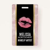 ピンクグリッターリップ&バラ金ゴールドトロピカル葉 バッジ (正面)