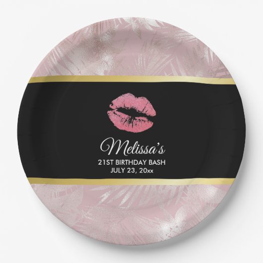 ピンクグリッターリップ&バラ金ゴールドトロピカル葉 ペーパープレート (正面)