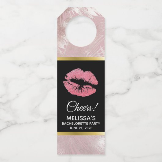 ピンクグリッターリップ&バラ金ゴールドトロピカル葉 ボトルネックタグ (正面)