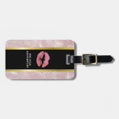 ピンクグリッターリップ&バラ金ゴールドトロピカル葉 ラゲッジタグ (正面横)