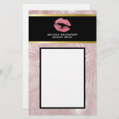 ピンクグリッターリップ&バラ金ゴールドトロピカル葉 便箋 (正面/裏面)