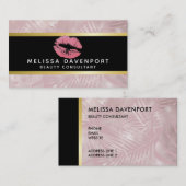 ピンクグリッターリップ&バラ金ゴールドトロピカル葉 名刺 (正面/裏面)