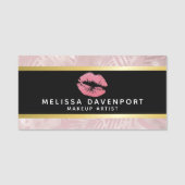 ピンクグリッターリップ&バラ金ゴールドトロピカル葉 名札 (正面)