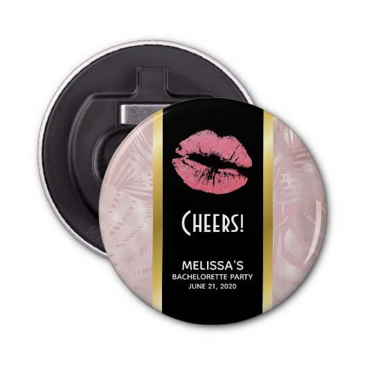 ピンクグリッターリップ&バラ金ゴールドトロピカル葉 栓抜き (正面)