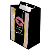 ピンクグリッターリップ&バラ金ゴールド葉誕生日 ミディアムペーパーバッグ (裏面アングル)