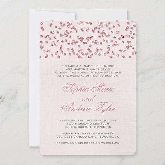 ピンクグリッタールック紙吹雪結婚式招待状 招待状 (正面)