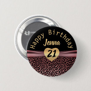 ピンクグリッターレオパード誕生日デザイン 缶バッジ