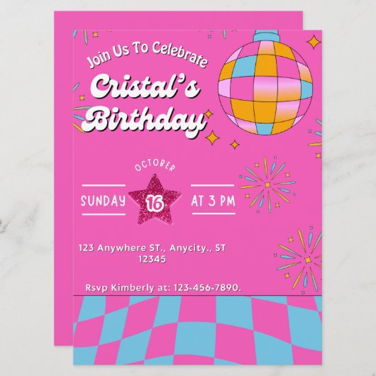 ピンクグリッターレトロドール誕生日パーティーの招待 (正面/裏面)
